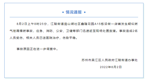 苏州吴江一沿街店铺发生疑似燃气泄露爆燃事故 致2伤(图1) 苏州吴江一沿街店铺发生疑似燃气泄露爆燃事故 致2伤(图1)
