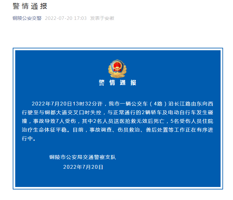 安徽铜陵市区公交失控发生事故 致2死5伤(图1) 安徽铜陵市区公交失控发生事故 致2死5伤(图1)